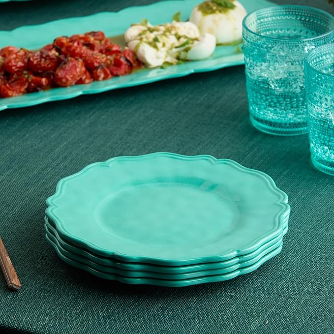 Isabella Teal 12-Piece Melamine Dinnerware Set for 4 – Vibrant Crackle Glaze Plates &amp Bowls with Scalloped Edges Durable Lightweight Dishwasher Safe for Everyday and Outdoor Dining