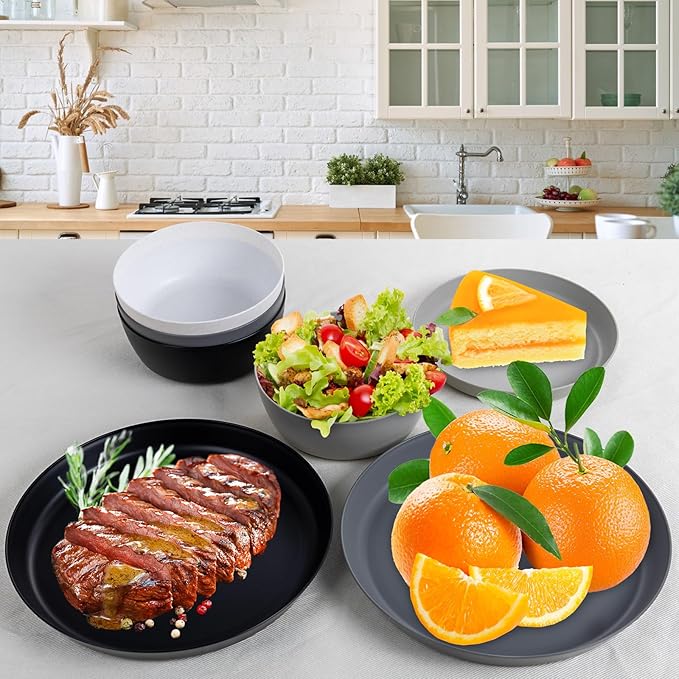 EI 12pcs Wheat Straw PlatesWheat Straw Dinnerware SetPlate and Bowls SetsPlastic Plates Reusable-WhiteBlackGreyDark GreyDinner Plate Set of 4 KitchenPicnic