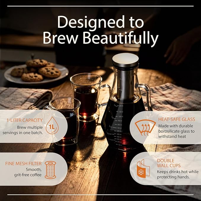 James Bentley Complete Cold Brew Coffee Set – Cold Brew Coffee Maker Glass for Hot and Cool Drinks Fridge Friendly — Glass Carafe Stainless Steel Infuser Double Wall Cups x2 &amp Cleaning Brush