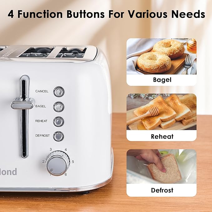 Roter Mond Toaster 4 Slice Retro Stainless Steel with Extra Wide Slots Bagel Defrost Reheat Function Dual Independent Control Panel Removable Crumb Tray 6 Browning Levels White