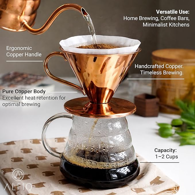Copper Pour Over Coffee Dripper 0.35L Single Cup Manual Brewer Reusable Metal Filter Cone for Cafe Quality Brew Premium Handcrafted Drip Maker