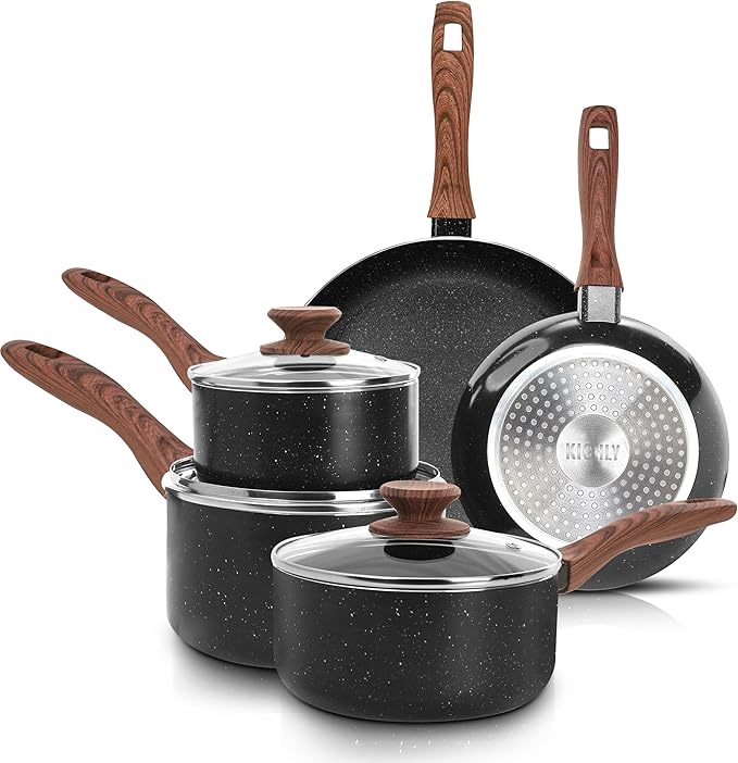 KICHLY Granite Kitchen Cookware Set 8 Piece Nonstick Pots &amp Pans Set Induction Frying Pans Saucepan with Lids Induction Compatible Cookware PFOA-Free Non-Stick Cooking Set Black