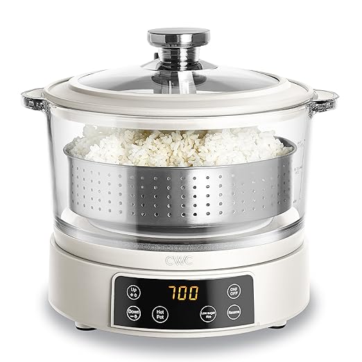 COOK WITH COLOR 3L Glass Mini Low Carb Rice Cooker – Holds 2 Cups Raw/Makes 6 Cups Cooked with Auto Lift Filter Basket Hotpot &amp Steamer for Rice Grains Digital Panel with Keep Warm Cream