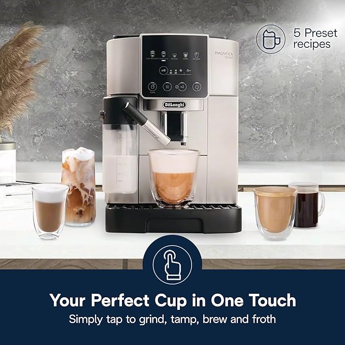 De'Longhi Magnifica Start Automatic Espresso Machine with Auto Milk Frother &amp Built in Grinder - 5 One-Touch Recipes Easy-to-Clean Home Barista Coffee Maker for Lattes Cappuccino Iced Coffee