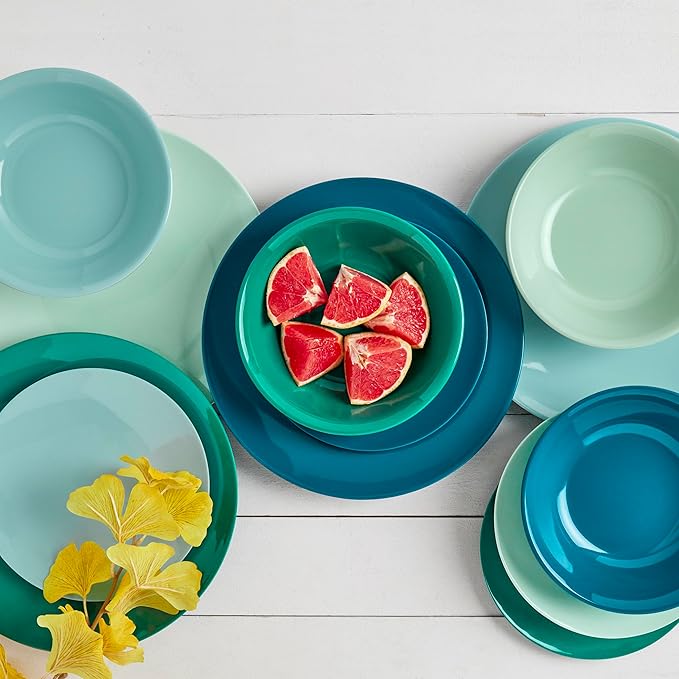 Tabletops Gallery 12 Piece Green Teal Blue Melamine Dinnerware Set Plates Bowls for Indoor Outdoor Use Service for 4 Peacock