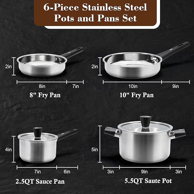 6-Piece Stainless Steel Pots and Pans Set Kitchen Cookware Set with Stay-Cool Handles Compatible with Gas Electric &amp Induction Dishwasher Safe Non-Toxic &amp Durable for Everyday Cooking