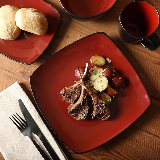 Square Dinnerware Set for 4 – 16-Piece Reactive Glaze Stoneware Dishes in Red Grey &amp White – Modern Microwave &amp Dishwasher Safe Plates Bowls &amp Mugs (Red)