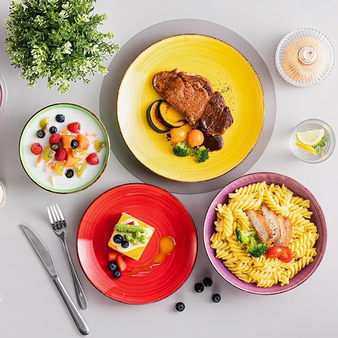 vancasso Bonita Dinnerware Sets 24 Pieces Multicolor Stoneware Dinner Set for 6 Handpainted Spirals Pattern Ceramic Plates and Bowls Sets Kitchen Plate Set