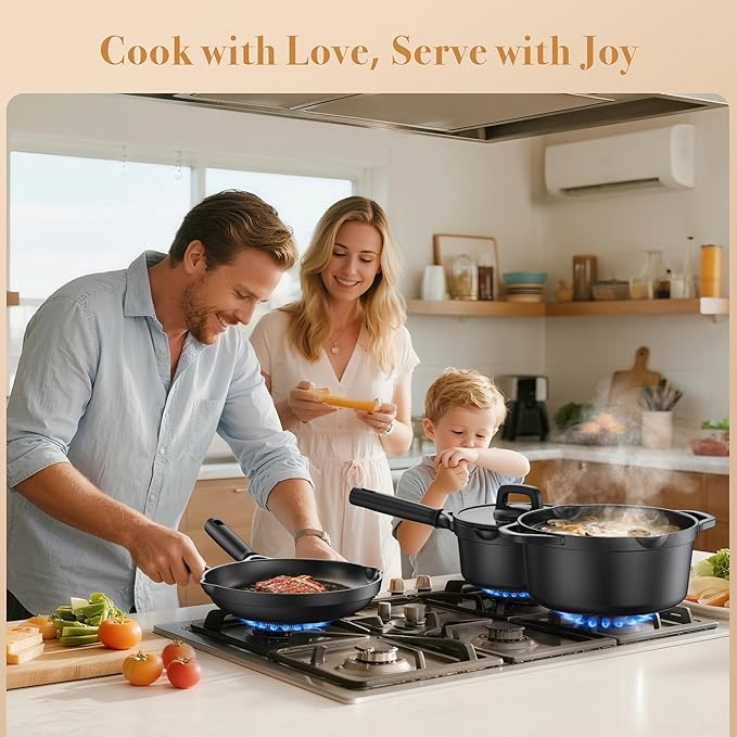 Nonstick pots and pans set 14 Pcs Induction Cooking Set with Pour Spouts and Oven Safe for Casserole PFOA FREE Classic BlackCompatible with All CooktopsHeat-resistant and comfortable handle