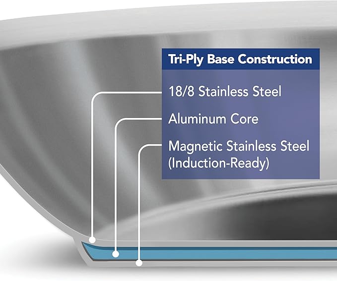 Tramontina Tempo Tri-Ply Base Stainless Steel 12-Inch Large Frying Pan Induction-Ready Skillet Oven-Safe Dishwasher-Safe