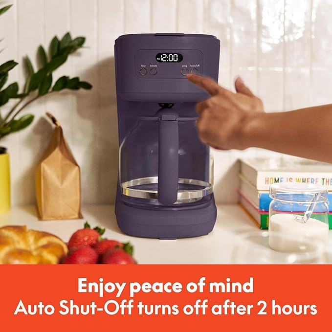 bella 12 Cup Programmable Coffee Marker Reusable Dishwasher Safe Accessories Easy LCD diaply Auto Shutoff 900 watt Plum