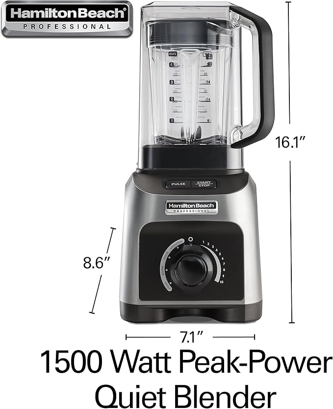 Hamilton Beach Professional Quiet Shield Blender 1500 Watts Peak Power 32oz BPA Free Jar 4 Programs &amp Variable Speed Dial for Smoothies Ice Crush Puree Silver (58870)