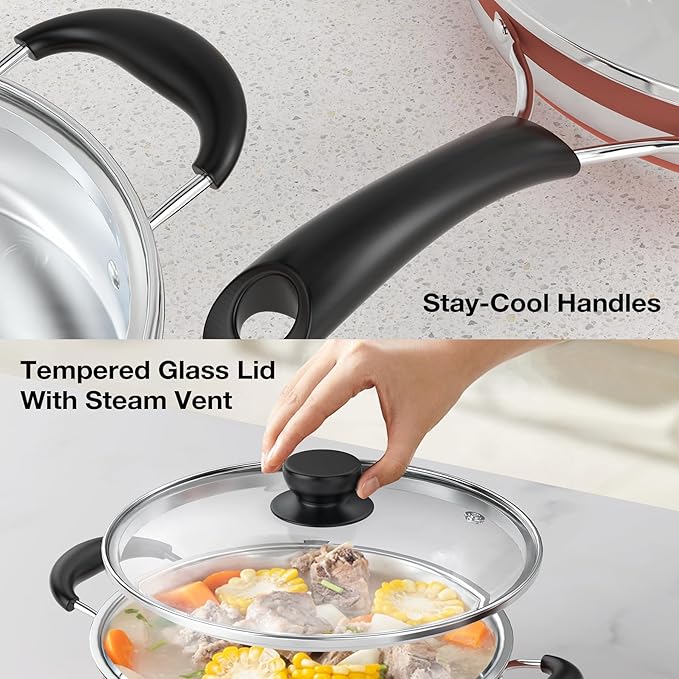VBGK Pots and Pans Set Stainless Steel Cookware Set 10 PieceNon Toxic Kitchen Induction Cookware SetKitchen Cooking Set with Tempered Glass lid &amp Stay-Cool HandleDishwasher Oven SafeStackable