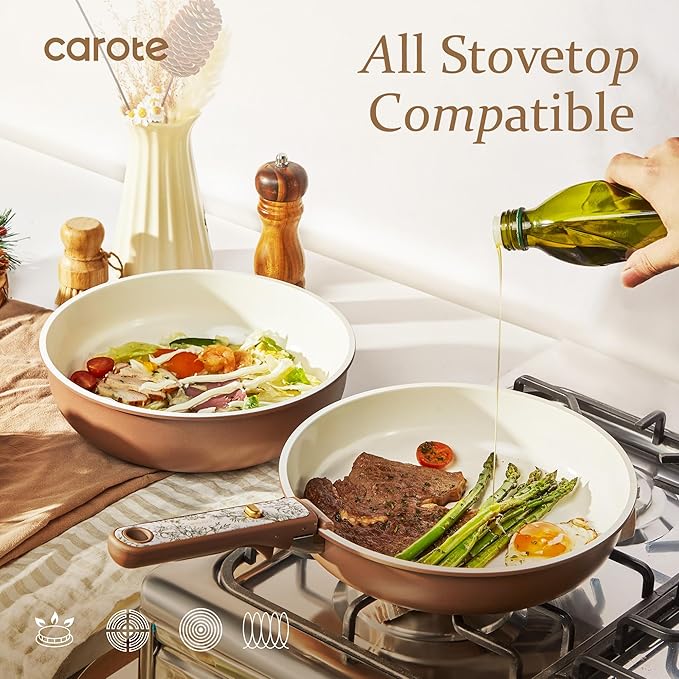 CAROTE 25-Piece Ceramic Cookware Set Nonstick Pots and Pans Set with Detachable Handle Non-Toxic Kitchen Cooking Set Dishwasher &amp Oven Safe Induction Compatible PFAS Free Chocolate