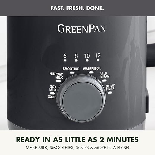 GreenPan Nut Milk Maker 15-in-1 Homemade Soy Almond Oat Coconut Non-Dairy Rice Soup Baby Food BPA-Free Smooth Creamy Texture Self Clean Barista Quality Milk Delay Start Boil Water Gray