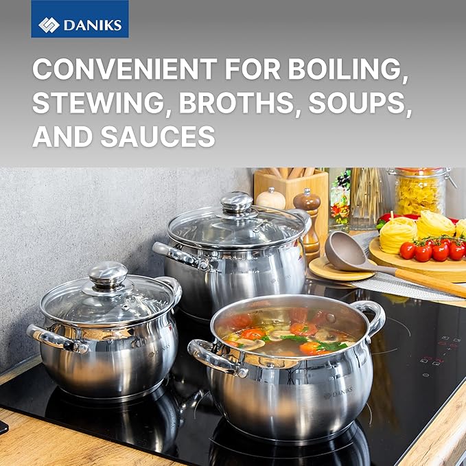 Daniks Classic 6-Piece Stainless Steel Cookware Set with Glass Lids Tri-Ply Bases for Even Heating Induction Compatible Dishwasher Safe