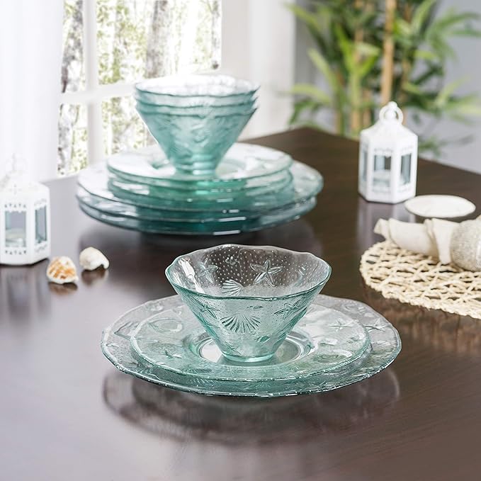 French Home Recycled Glass Coastal Dinnerware Set – 12-Piece Clear Glass Plates and Bowls Set – Includes Durable and Elegant Dinner Plates Salad Plates and Bowls
