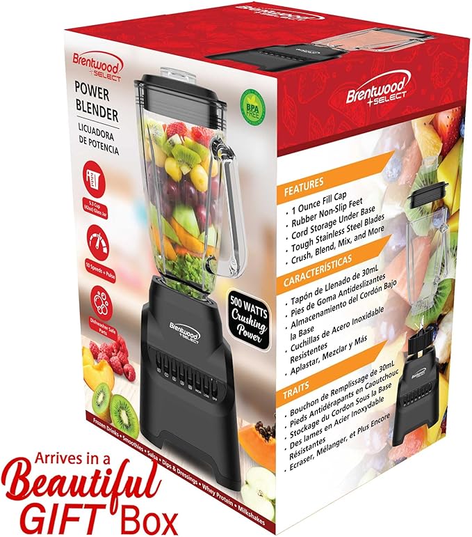 Brentwood Select JB-500BK 10-Speed Countertop Blender with Pulse Button 5.3-Cup Glass Jar Stainless Steel Blades Non-Slip Base Dishwasher-Safe Parts Black