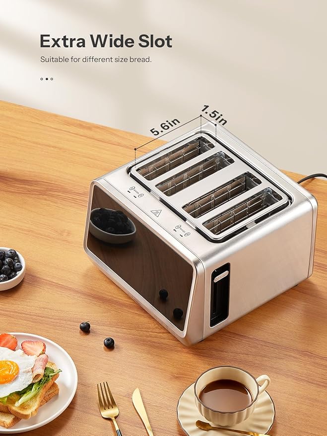 Yabano 4-Slice Toaster with Smart Touch Control 6 Shade Levels &amp 6 Bread Settings Extra Wide Slot for Bagels/English Muffins Compact Design with Removable Crumb Tray