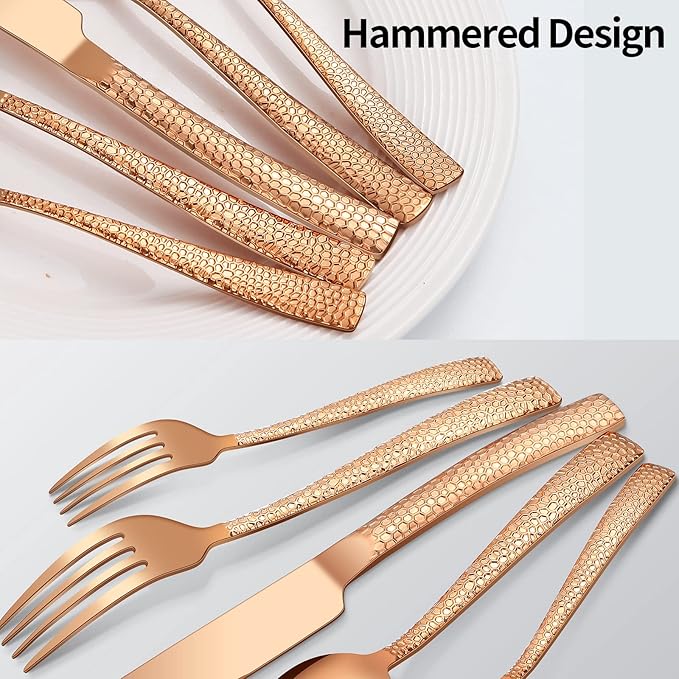 20-Piece Rose Gold Hammered Stainless Steel Flatware Set for 4 Including Fork Knife Spoon Set Home Kitchen Cutlery Sets Dishwasher Safe