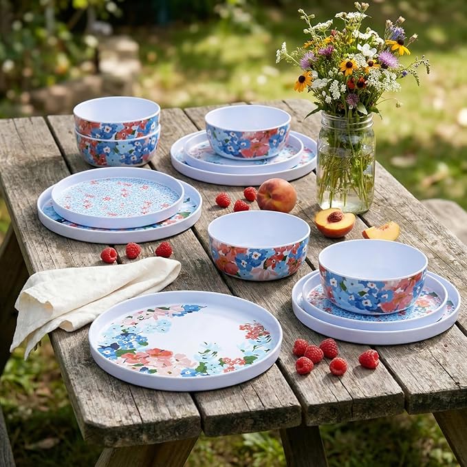 Spring Flower Melamine Dinnerware Set for 4 12 Piece Floral Plates and Bowls Set Dishwasher Safe Lightweight Dishes Straight Edge Tableware for Kitchen Indoor Outdoor RV Camping Picnic Gift