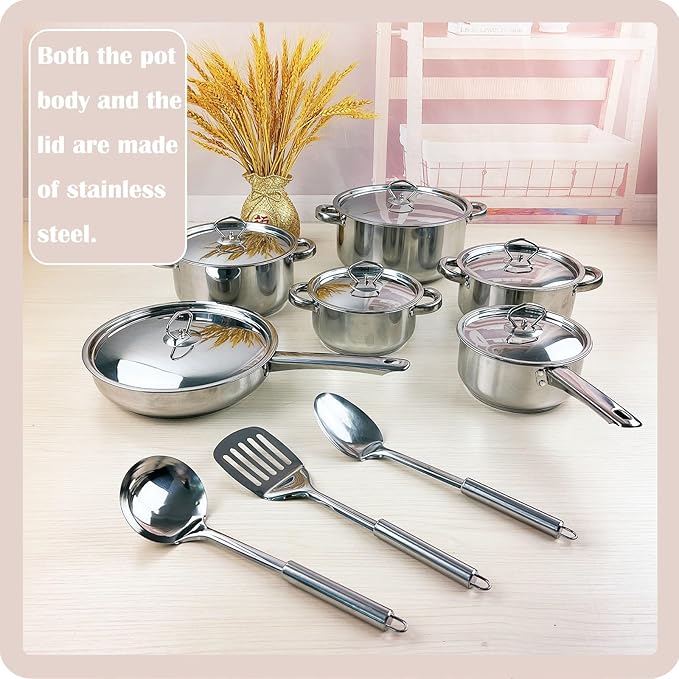 15-Pc Kitchen Cookware Set Sunken Design for Enhanced Sealing Performance - Stainless Steel Pots Lids Turner Spatula Ladle &amp Cooking Spoon