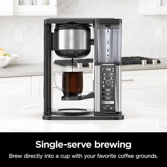 Ninja Specialty Coffee Maker Hot &amp Iced Coffee 6 Brew Styles 8 Sizes Small Cup to Travel Mug 10-Cup Carafe Fold-Away Frother Permanent Filter Removable Reservoir Black CM401
