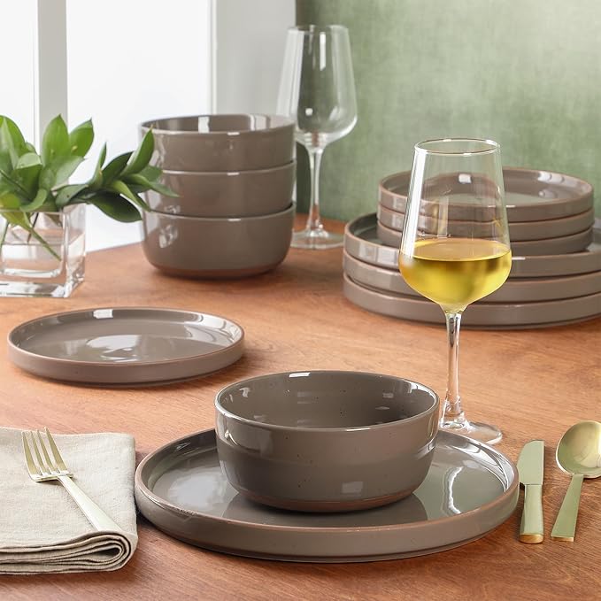 Gibson Elite Northrock Stoneware Dinnerware Set 12-Piece Service for 4 Plates and Bowls Set – Gray Dishes with Hand-Painted Terracotta Base