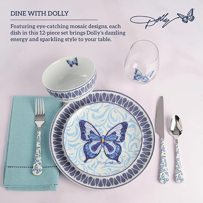 Dolly Parton 12 Piece Jeweled Mosaic Blue Butterfly Dinnerware Set Porcelain Dinner Plates Salad Plates Bowls Service for 4 Microwave Dishwasher Safe