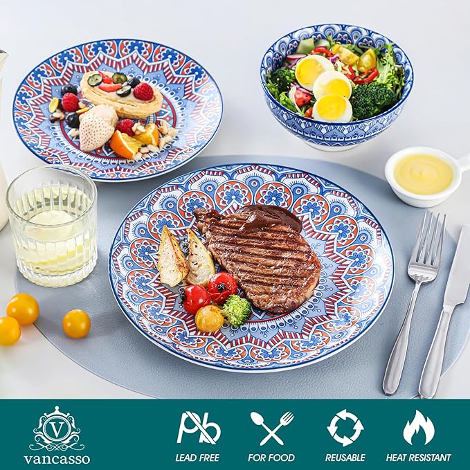 vancasso Mandala 12 Pieces Dinnerware Sets Porcelain Dinner Set for 4 Boho Plates and Bowls Set Colorful Dish Sets