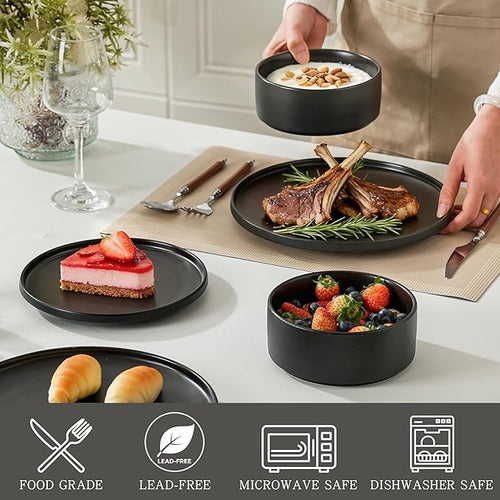 12 Piece Dinnerware Set Modern Minimalist Stoneware Plates and Bowls Sets Modern Dinner Plate Salad Plate Cereal Bowl Dish Set for 4 Microwave and Dishwasher Safe Matte Black