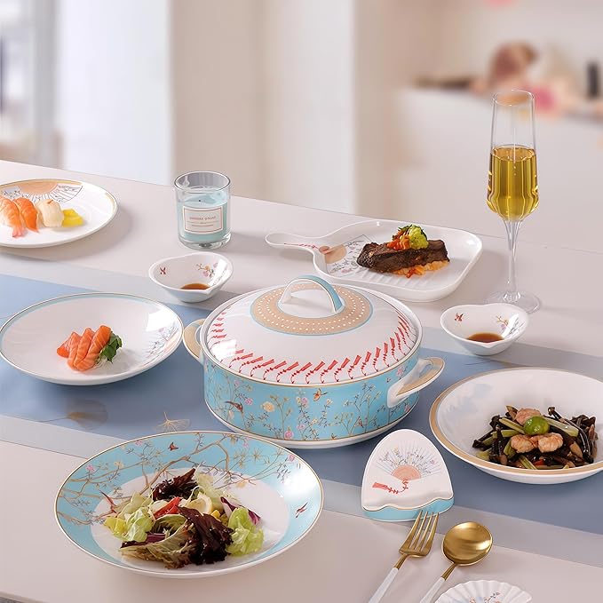Fine Bone China Dinnerware SetPorcelain&ampCeramic Dinnerware SetsBone Stoneware &amp Ceramic Cookware Tableware Set Includes Dinner Plates|Spoons|Pasta Bowls|Soup Pot|Chopsticks (32PCS * 6-Person