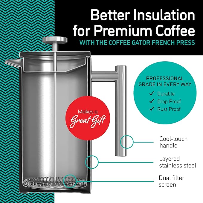 Coffee Gator French Press Coffee Maker 34oz Silver and Coffee Canister - 22oz Airtight Stainless Steel Kitchen Food