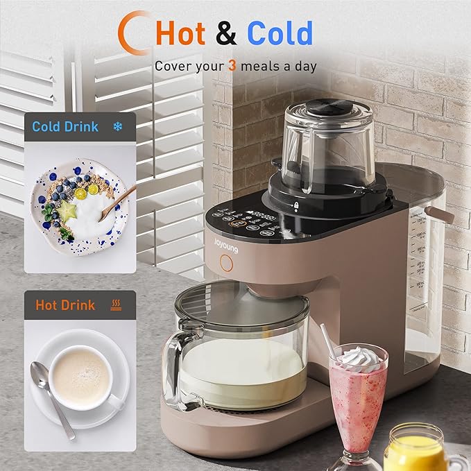 JOYOUNG Blender Fully Automatic Soy Milk Maker Glass Blender Cold and Hot with 8 Presets Self-cleaning Soup Maker Almond Milk Oat Milk Shakes and Smoothies Soy Milk. (Brown)