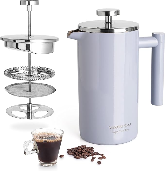 Mixpresso Light Blue Stainless Steel French Press Coffee Maker 26 Oz 770 ml Double Wall Insulated French Press Stainless Steel Easy Clean Tea Brewer Easy Press Durable Metal Coffee Press