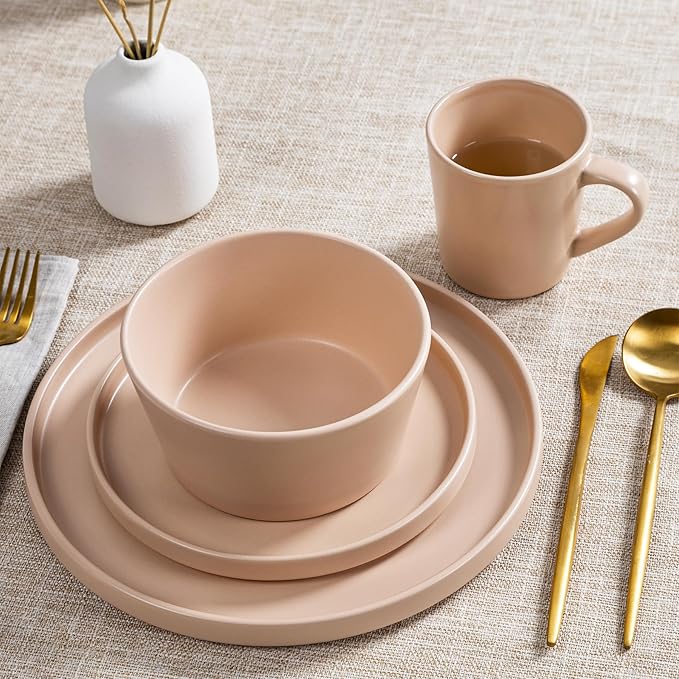 Plates and Bowls Sets for 4 - CJDC-QUELO 16 Piece Stoneware Dinnerware Sets with Mugs Ceramic Dishware Sets for Kitchen Dining Use Chip and Scratch Resistant Microwave Dishwasher Safe Brown