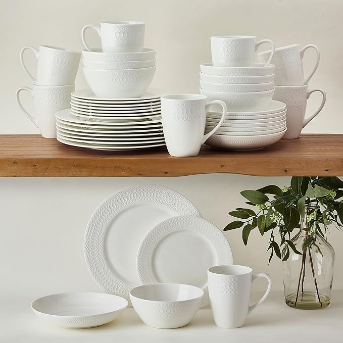 Mikasa Levi 40 Piece Bone China Dinnerware Set Embossed Plates Bowls Chip-Resistant Lightweight Elegant and Durable Service for 8 White