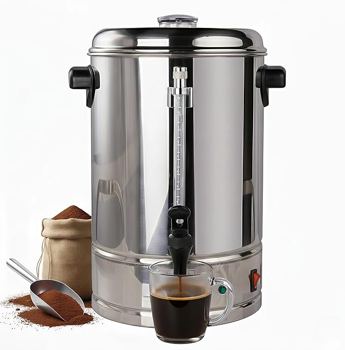 Commercial Coffee Urn 65-Cup (10.5 Qt) 1250W Stainless Steel Percolator with Removable Filter &amp Keep-Warm Setting Ideal for Office Catering &amp Large Events