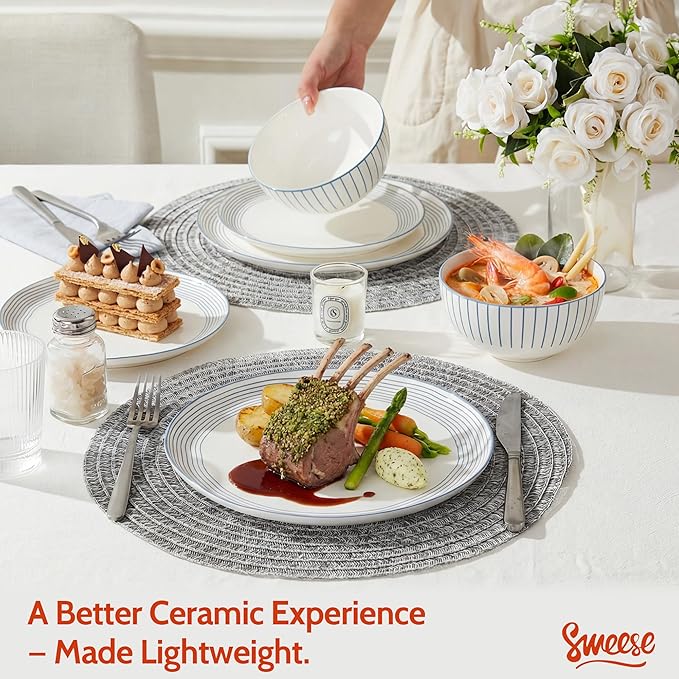 Sweese Lightweight Dinnerware Sets Plates and Bowls Set for 6 18 Pieces Stripe Dishes - Chip and Scratch Resistant Microwave and Dishwasher Safe Porcelain Dinner Sets Blue