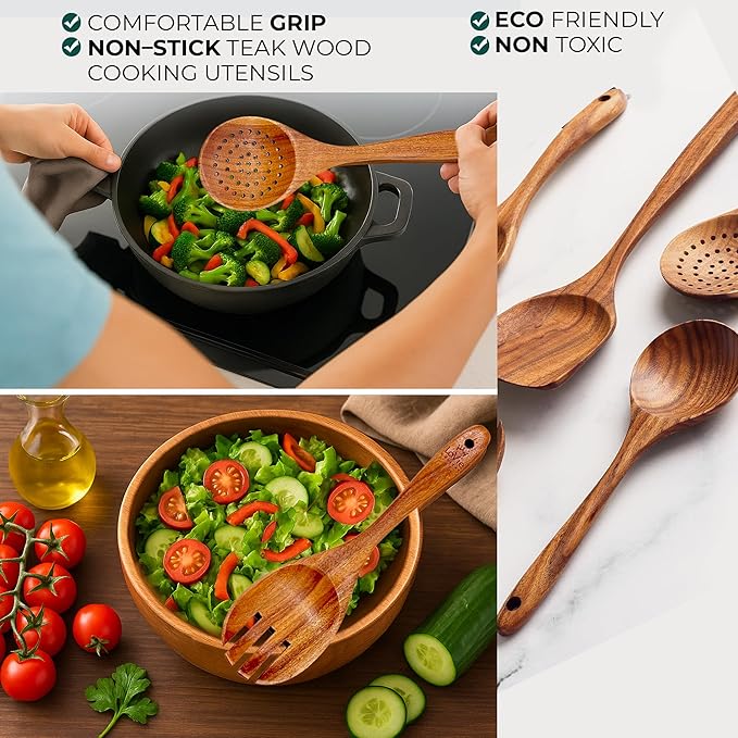 Teak Wooden Cooking Spoons Set -8-Piece Nonstick Cookware - Handmade Wooden Teak-Bamboo Charcuterie Board With Knife - Wooden Kitchen Utensils Ideal Gift Set For WeedingBirthday