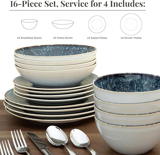 Larder &amp Vine Ceramic Stoneware Dinnerware 16-Piece Set 4 Place Settings (Bondi Waters)
