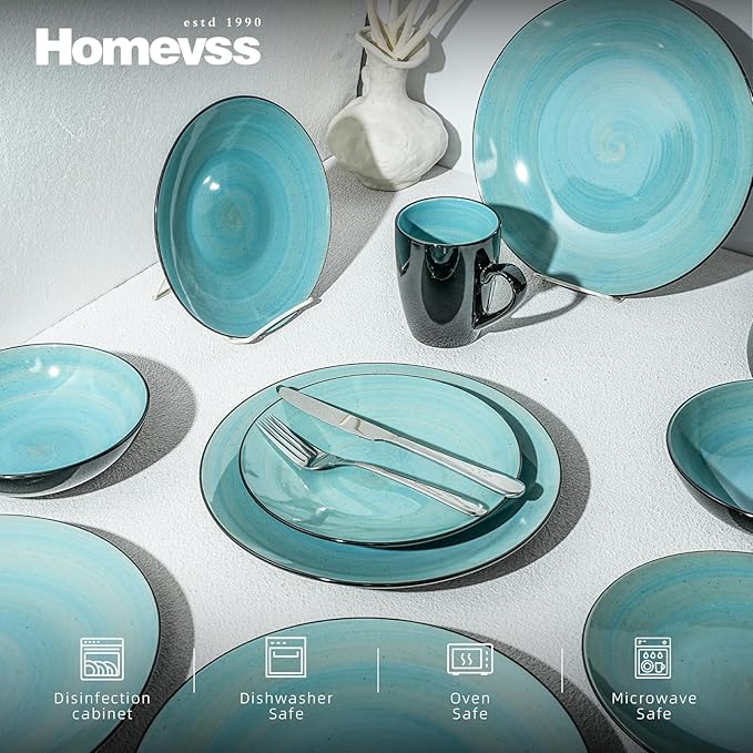 Sonoma 16 Piece Stoneware Dinner Set Outside Black + Inside Handpainted Color Turquoise with speckle