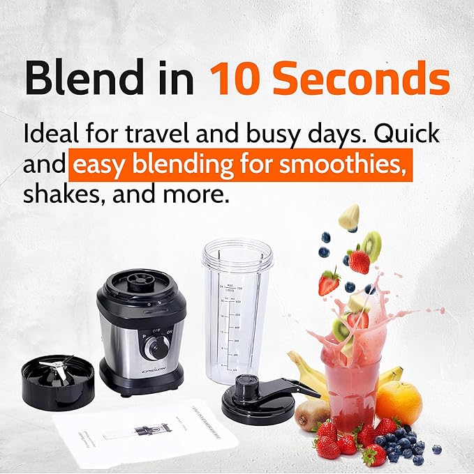 Epsilon Portable blender for Shakes and Smoothies – 400W Personal Blender with 24oz Portable Bottle Electric Personal Blender Bottle with 4-Blade Assembly Travel-Friendly and BPA-Free