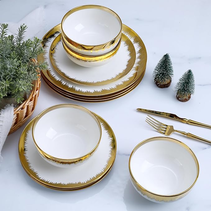 12 Pieces Plates and Bowls SetsPorcelain Round Dinner Plates Dishes Set with Gold Rim for 4 White bone china Plates and Bowls Dishwasher Safe and Scratch Resistant Luxury Tableware Set