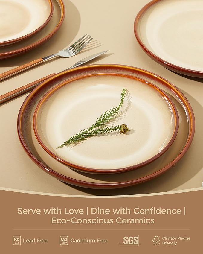 Stoneware Dinnerware Sets Ceramic Plates and Bowls Set Microwave &amp Dishwasher Safe Kitchen Dish Set Modern Dinner Salad Plates | Cereal Bowls for 4 Dishware Sets Brown Yellow