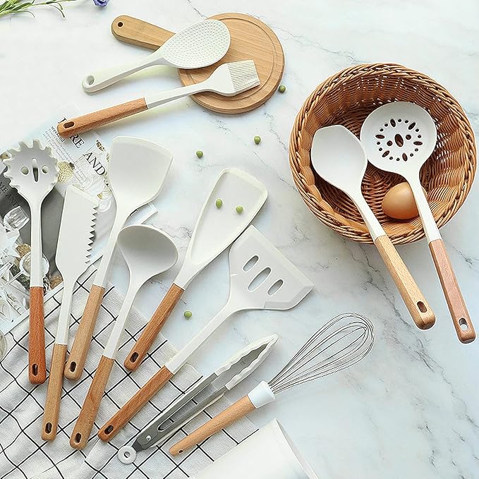 13 Piece White Wooden Handle Utensils Set Silicone Non-Stick Cookware Available Non-Scalding Handle Kitchen Set Home Cooking Baking Complete Set with Storage Bucket