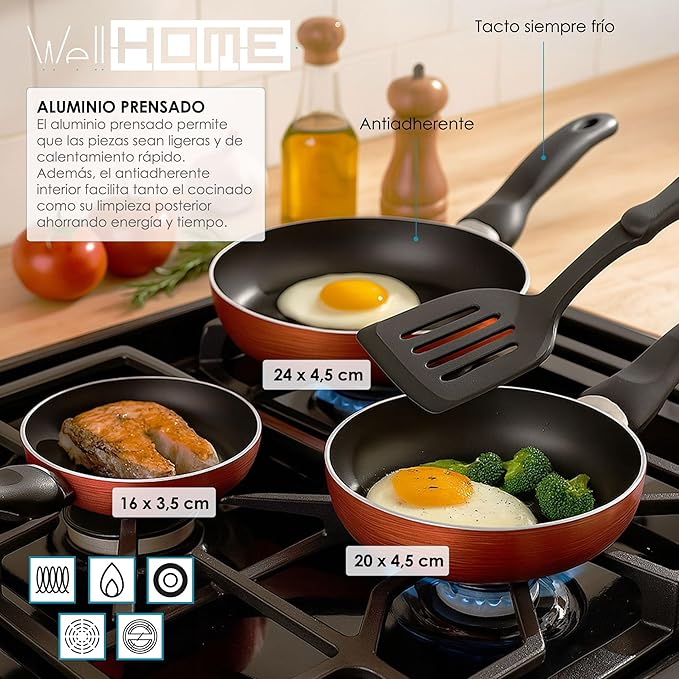 Cookware Set 5 Pieces Stainless Steel + 3-Piece Pan Set Diameter 16 x 20 x 24 cm Pressed Aluminium Metallic Copper
