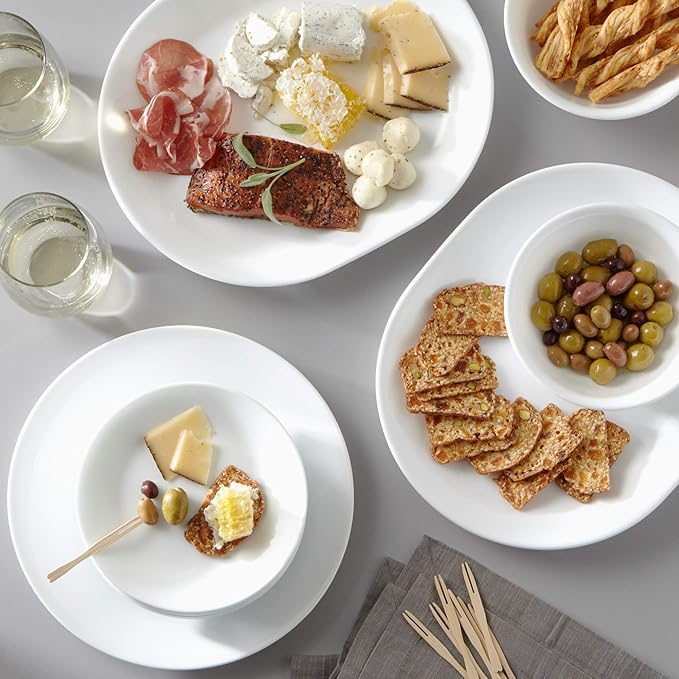 Corelle Vitrelle 38-Piece Service for 12 Dinnerware Set Triple Layer Glass and Chip Resistant Lightweight Round Plates and Bowls Set Winter Frost White