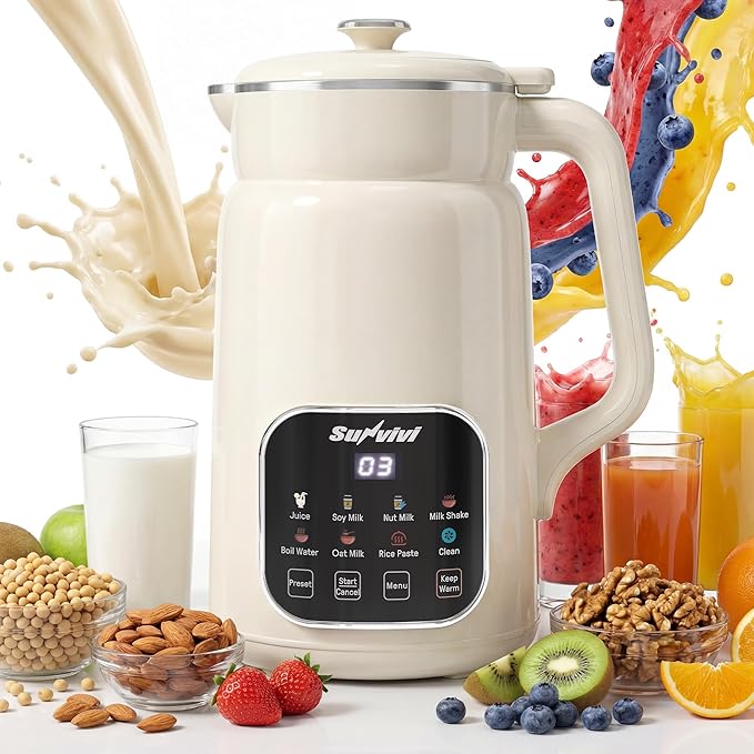 Sunvivi 8 in 1 Nut Milk Maker Machine: 60oz Soy Milk Maker for Soy/Nut/Oat Milk Juice Milkshake Rice Paste and Boil Water Countertop Blender with Delay Start/Keep Warm/Self Clean Food Processor