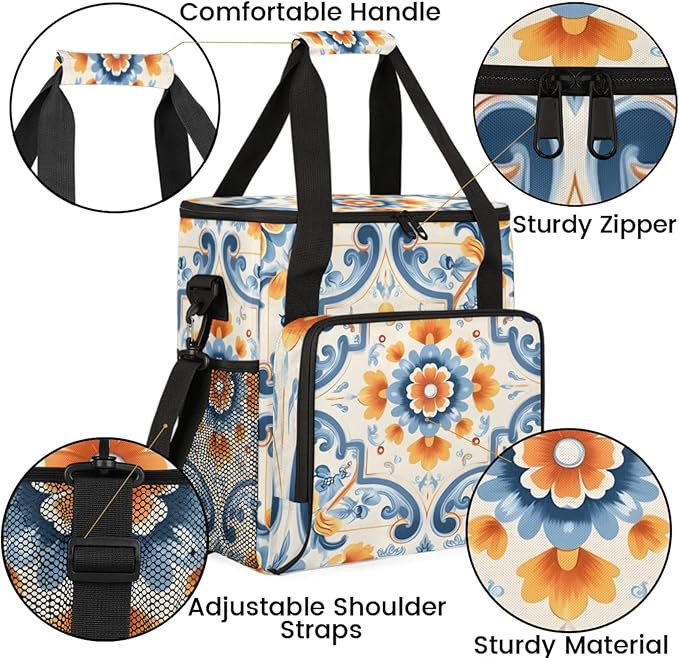 Floral Theme Coffee Maker Travel Bag for Keurig K-Mini/K-Mini Plus Insulated Waterproof Tote with Pockets for K-Cup Portable Single-Serve Brewer Case